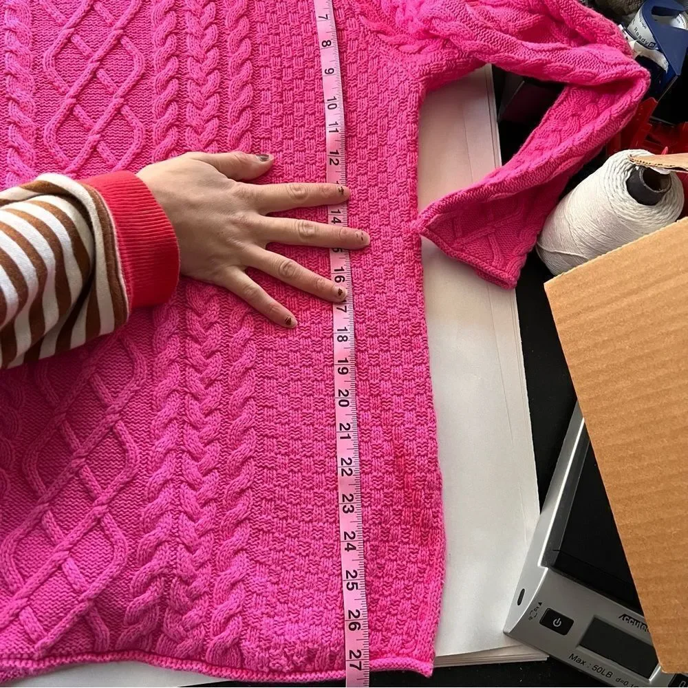 Burgess Cotton Cashmere blend Bright Pink Cable Knit TurtleNeck Sweater Medium